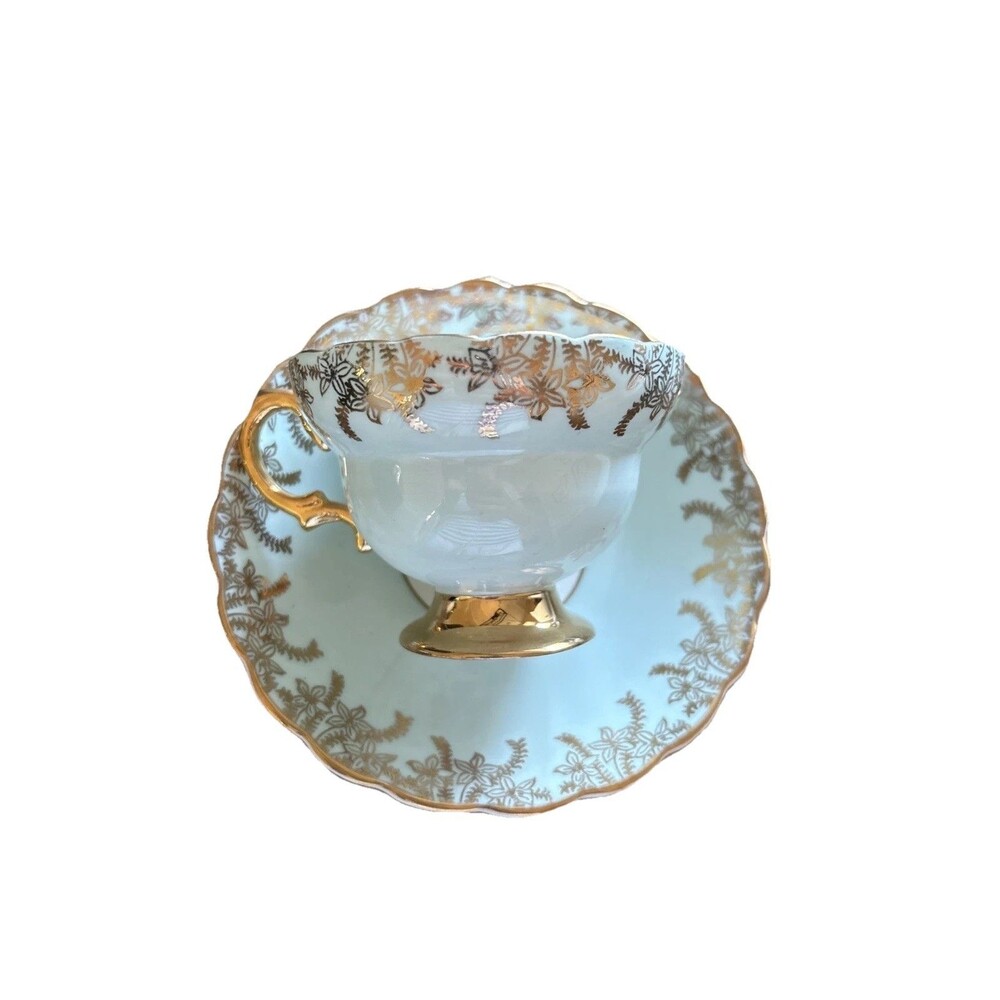 EUC Vintage Rosina China Gold and Light Blue Floral Cup and Saucer England